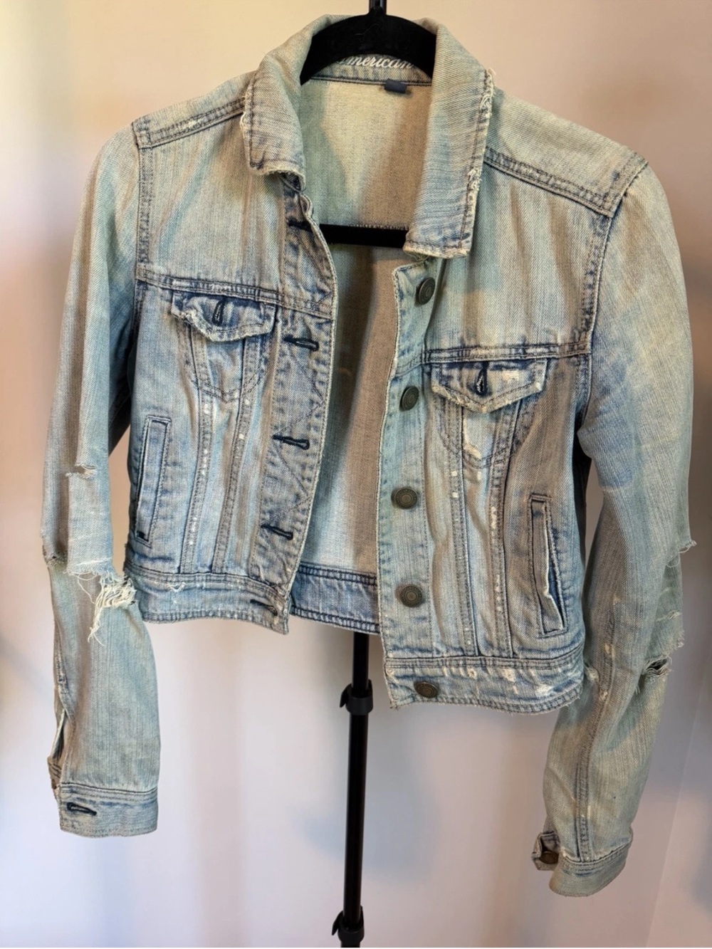American Eagle Womens Blue Crop Jeans Jacket Size XS Distressed